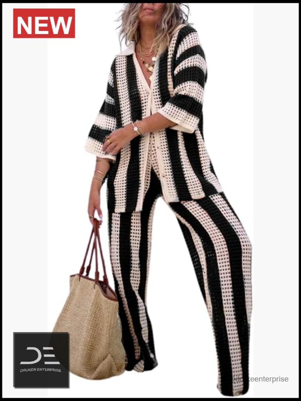 Crochet Button Up Cover Up Set with Wide Leg Pants 2 Piece Vacation Outfit
